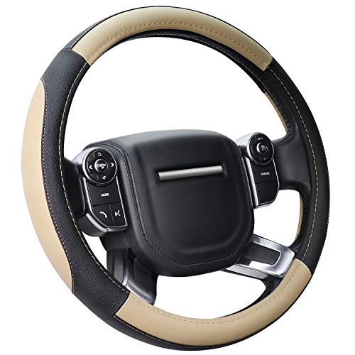 COFIT Funda Volante Coche Universal, Antideslizante Cubre Volante Microfibra Cuero Negro y Beige L 39 40.5cm