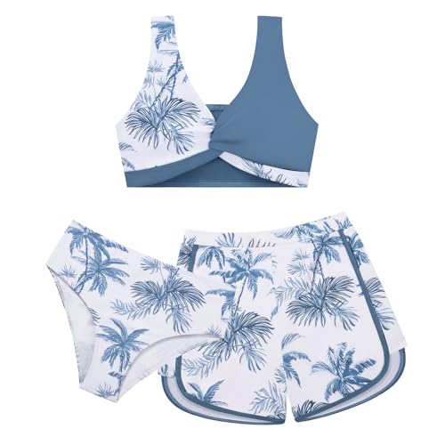 Image of Weixinbuy Girl's 3 Piece Swimsuit Teen Swimwear Tropical Print Twist Cross Bikini Bathing Suit with Cover Up Shorts Size 9-16