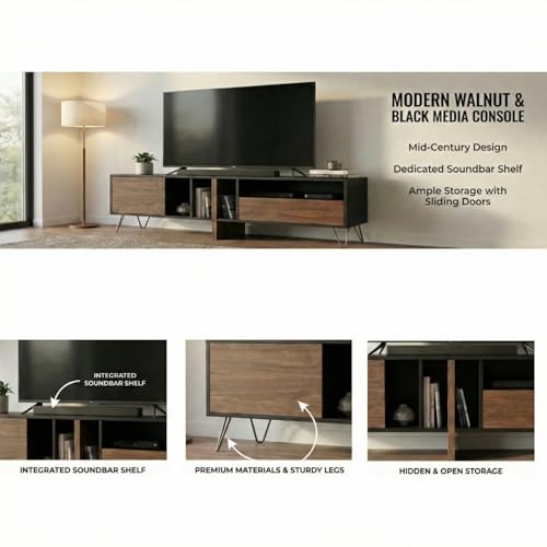 Image of FFO TV Unit, TV cabinet 180 cm 6ft | TV Unit 75 Inch+ for Living Room | Black TV Stand Wooden with Metal legs TV Console | TV Cabinet with Storage | TV Console Unit for 43, 55, 65, 75 Inch TVs |(DIY).