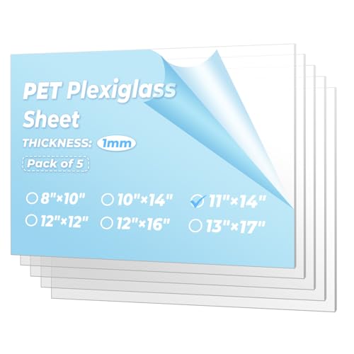 Image of 5 Pack Plexiglass Sheets 11x14 inch Flexible 1mm | Shatterproof Clear Acrylic Sheet for Picture Frame Glass Replacement, DIY Crafts & Pet Guards | Easy to Cut PET Plastic Board