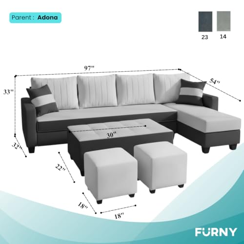 Image of FURNY Avenue 8 Seater Fabric RHS L Shape Sofa Set with 1 Centre Table & 2 Puffy (Light Grey-Dark Grey) Premium Velvet Finish