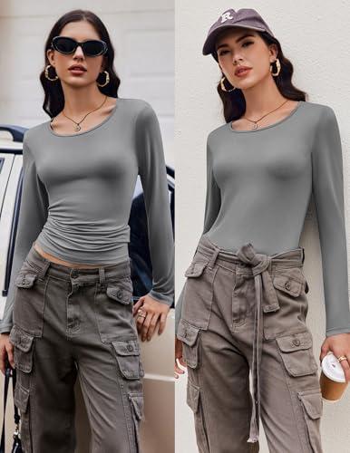 Ekouaer Long Sleeve Shirts for Women 3 Pack Scoop Neck Fitted Tops Thermal Undershirt Stretch Base Layer Soft Tee Dark Grey/Beige/Black S — view 2