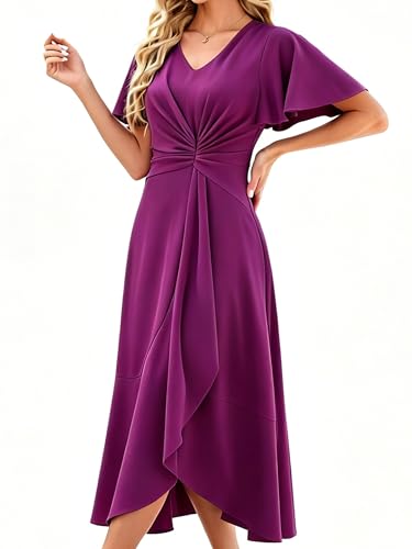 Image of QMZ Wedding Guest Dresses for Women V Neck Cocktail Dress Ruffle Sleeve A Line Evening Party Formal Dresses for Women