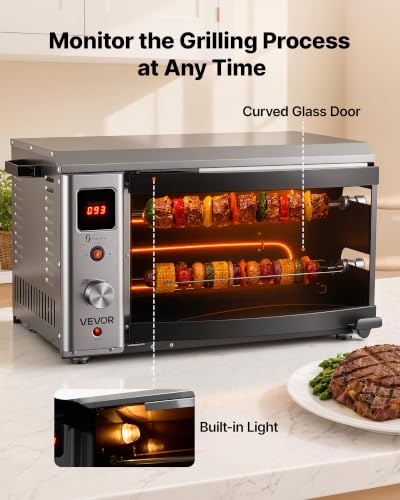 Image of VEVOR Countertop Vertical Oven Brazilian Flame 2 Auto Rotating Skewers | for Steak, Fish, Lamb Leg, 1800W Rotisserie Shawarma Machine, Electric Meat Kebab Grill, with Curved Glass Door, Drip Tray
