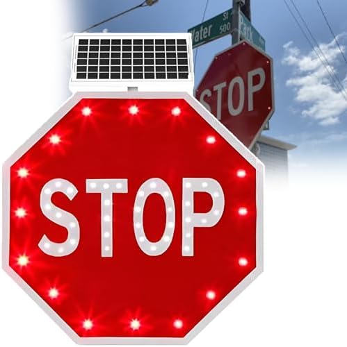 LED Solar Stop Sign - Heavy Duty Aluminum Octagon Traffic Sign with Rust-Proof Metal Frame, IP65 Waterproof, Blinking Red Light, Visibility >800m (31.5in)