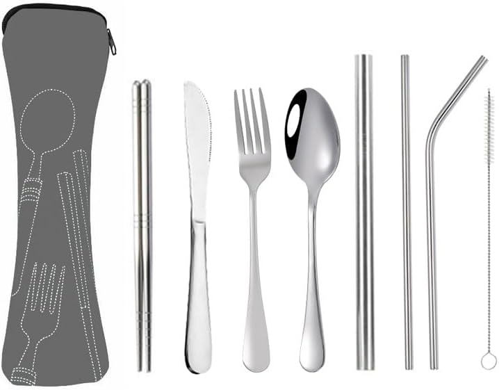 Silverware Flatware Set, 8/32/48/64/80/96 Piece Portable Stainless Steel Cutlery, Forks, Spoons, Chopsticks And Straws Set Outdoor Travel Camping Student Portable Tableware(Gray,32 Piece se