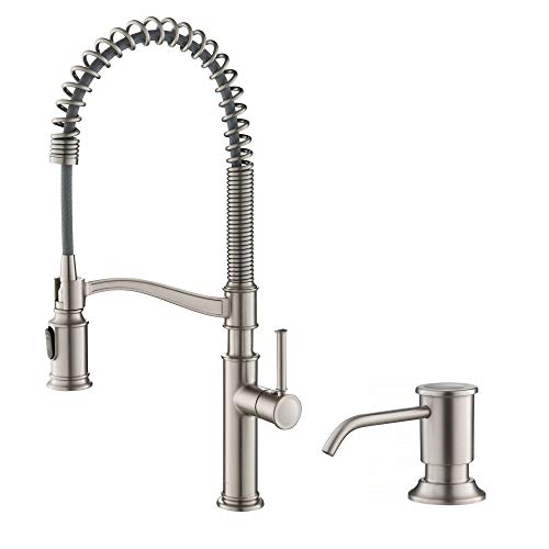 Kraus KPF-1683SFS-KSD-80SFS Sellette Commercial Style Spot Free Stainless Steel Single Handle Pull-Down Kitchen Faucet with Deck Plate and Soap Dispenser