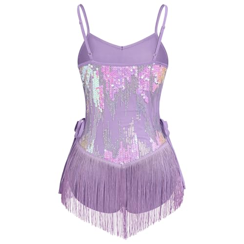 EFOGEP Body de danse latine à paillettes et franges pour femme - Justaucorps sexy à lacets avec pompons scintillants - Tenues pour festival, rave, concert, cocktail, soirée, lilas, XS – vue 3