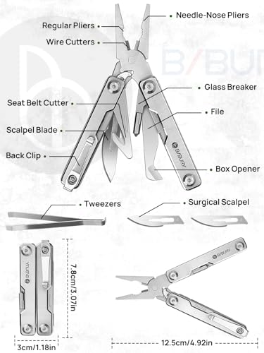 BIBURY Mini multitool tang met onzichtbare pincet, 10-in-1 EDC multitool met glasbreker, rugclip, gordelsnijder voor buiten, kamperen, vissen, outdoor mini-gereedschap, ideaal cadeau voor vrouwen en - Afbeelding 3