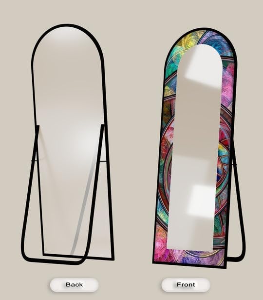 23,5’’W x 67’’H Kaleidoscope Fusion Rings – Abstract Floor Mirror Arched Full Lenght Mirror - Arch Full Body Stained Floor Mirror with Black Frame with Silver Frame