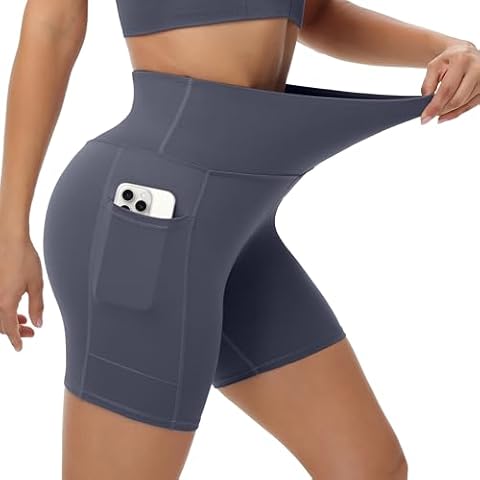 ALWAYSONE Yoga Shorts for Women High Waisted Biker Shorts with Pockets Exercise Workout Shorts Running Cycling Spandex Athletic Shorts (Grey S) Cover