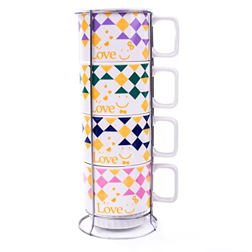 LMRLCS Kaffeebecher 4er Set mit Metallständer, stapelbare Keramiktasse mit Ständer, Servieren von Kaffee Milch und Tee, sehr süß als Geschenk Cover