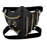 Steampunk Face Mask with Chains and Gears Decoration Harness PU Leather Mouth Cover Halloween Rave Party Night Club Steam Punk Gothic Comic Convention Headgear Costume Accessory