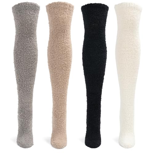 Damen Fuzzy Dicke Socken, Overknee Winter Warme Socken, Modische Gemütliche Thermostiefelsocken, 4er-Pack Beinsocken Geeignet für Weihnachtsgeburtstage Thanksgiving Geschenke, Weiß Grau Khaki Schwarz