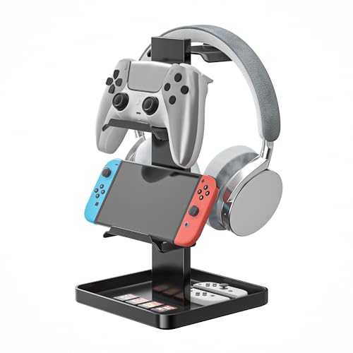 Josmimic Kopfhörerständer & Controller-Halter – Metall-Headset-Halterung mit unterem Stauraum für Kopfhörer, Controller, Switch, iPad, PS4, PS5, und Smartphones
