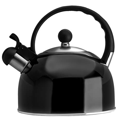 2.5 Liter Whistling Tea Kettle - Modern Stainless Steel Whistling Tea Pot For Stovetop With Cool Grip Ergonomic Handle (Black) #TOP3