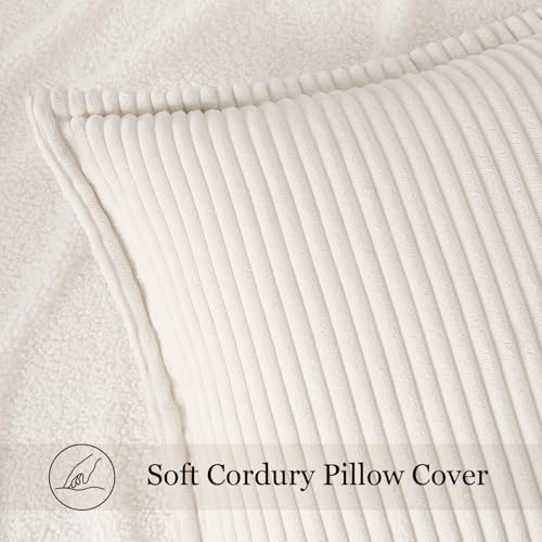 Mecatny Corduroy Throw Pillow Covers 18x18 Set of 2, Neutral Decorative Soft Boho Couch Pillow Covers with Broadside for Sofa Living Room, Cream White