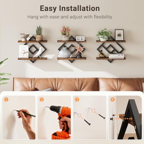 Image of ELYKEN Floating Shelves for Wall, Set of 3 Hanging Shelves, 2-Tier Wall Mounted Storage Shelves for Books & Decor, Perfect for Living Room, Bedroom, Kitchen, Home Office, Study, Rustic Brown