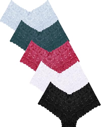 Image of ALL OF SHE Sexy Underwear Panties for Women Cheeky V Waist Lace Boyshorts Lingerie Plus Size Underwear Gift Wife Women 5 Pack