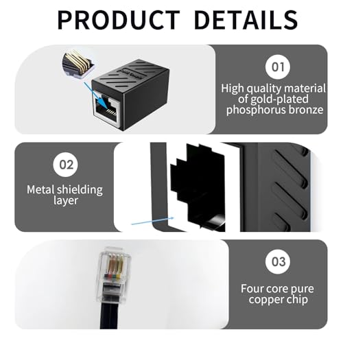 2er Set RJ45 auf RJ11 Adapter, Schwarz RJ45 8P8C auf RJ11 6P4C Telefonkabel + RJ45 Erweiterung Konverter, Verbinder für RJ11 Telefonkabel zu RJ45/ADSL Modem, Stabile Übertragung