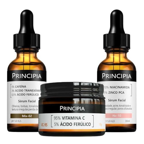Principia Kit Anti-manchas Trio, fórmula em pó com 95% de Vitamina C Pura + Ácido Ferúlico, um sérum com 10% de Niacinamida + Zinco e um sérum com 5% de Cafeína + Ácido Tranexâmico