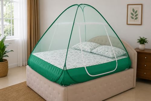 Image of Healthy Sleeping Mosquito Net | Double Bed | Supreme King Size Bed | Foldable Machardani with 2 Side Zipper Opening | Strong 30GSM Polyester Net | PVC Coated Steel Wire (Green)
