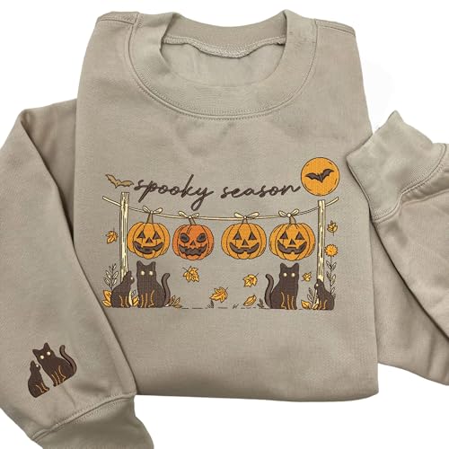 Spooky Season Cat & Pumpkin Embroidered Halloween Sweatshirt – Cute Fall Crewneck, Cozy Autumn Pullover, Festive Halloween Party Shirt Multi3