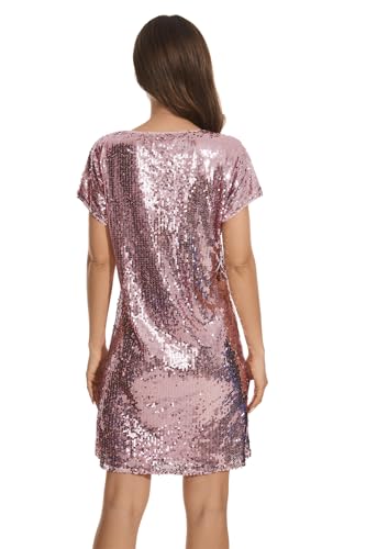 Image of Women's Crewneck Sequin Shift Dress Short Sleeve Casual Holiday Sparkly Party Dress