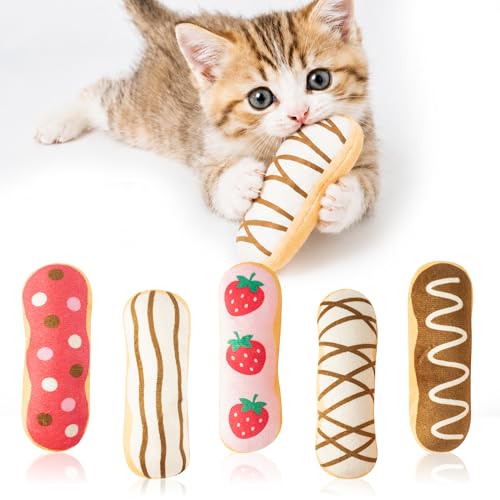MALLMALL6 Eclair Catnip Toys for Cat - 5Pcs Chocolate Strawberry Dessert Catmint Interactive Toy Gift for Indoor Kitty, Biting Chew Kick Cats Supplies, Soft French Pastry Pet Present for Kitten Lover