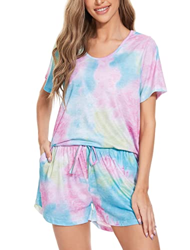 Image of MOYEE Womens Pajama Sets Soft Short Sleeve Shirt and Shorts 2 Pieces Lounge Outfit Sets with Pockets Multicolor