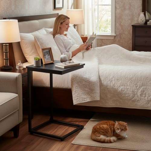 AMHANCIBLE C-Shaped Side Table, Bedside Table, End Table for Small Spaces, Sofa Side Table, Coffee Table with Metal Frame for Living Room, Bedroom, Black UHET02CBK-1
