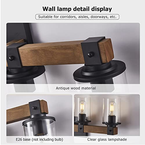 Image of DUJAHMLAND Farmhouse Vanity Lights, 5-Light Wood Bathroom Wall Lighting with Clear Glass, Industrial Metal Wall Sconce for Bedroom, Kitchen, Hallway (Antique Wood, 5-Light)
