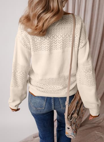 Image of SHEWIN Women's Sweaters Casual Long Sleeve V Neck Crewneck Lightweight Crochet Pullover Sweater Tops