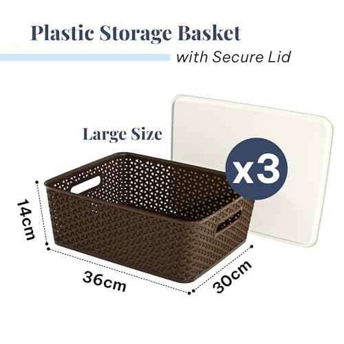 Image of Kuber Industries 3 Pcs Plastic Large Solitaire Storage Basket with Lid & Handle | Multipurpose Storage Rectangular Box for Cloths Toys & Books | H5 - Brown & White