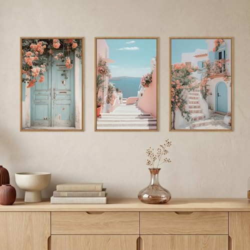 Image of KAIRNE Italy Amalfi Coast Cityscape Framed Canvas Wall Art Set,Neutral Italian Mediterranean Wall Decor,Greece Island Landscape Wall Painting,Florida Beach Artwork for Living Room,Bedroom-16 x24 x3