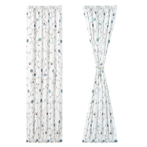 Image of VOGOL Rod Pocket Sliding Door Curtains, Flowers Embroidered Light Filtering Curtain Panels for Door Windows, 1 Piece, 36 x 72 Inches, Blue Floral