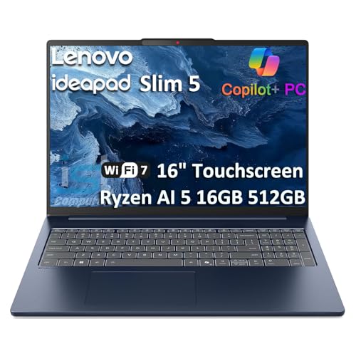 Lenovo IdeaPad Slim 5 Touchscreen Laptop (16" FHD+, AMD Ryzen AI 5 340 (>i7-1355U), 16GB DDR5, 512GB SSD) Copilot+ PC for Business, Home, IR Webcam, Backlit, 11-Hr Battery Life, Wi-Fi 7, Win 11 Home