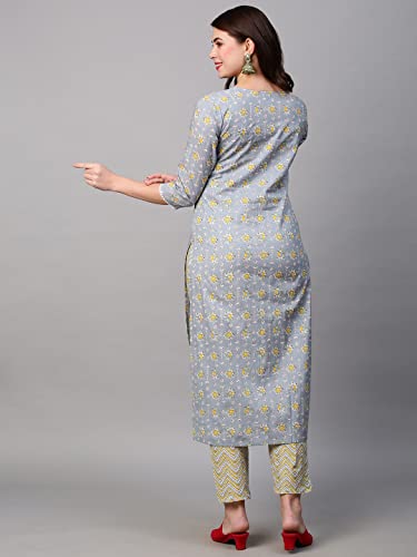 Image of GoSriKi Women's Cotton Blend Printed Straight Kurta with Pant (Mikaa Grey-Nw-GS)