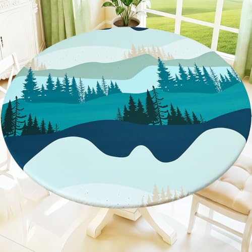 Moosfor Spandex Elastic Fitted Round Tablecloth for 45-56 Tables Stretch Washable Reusable Table Cover for Outdoor Picnic Camping Dining Kitchen Patio and Party Forest
