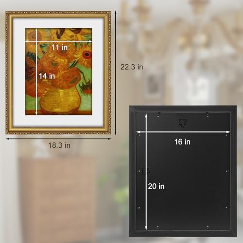 Image of 16x20 Frames Gold Wood 16x20 Picture Frames for Wall | Real Glass, Matted 11x14 or 16 x 20 Photos, Easy Photo Changes, Wall Hanging