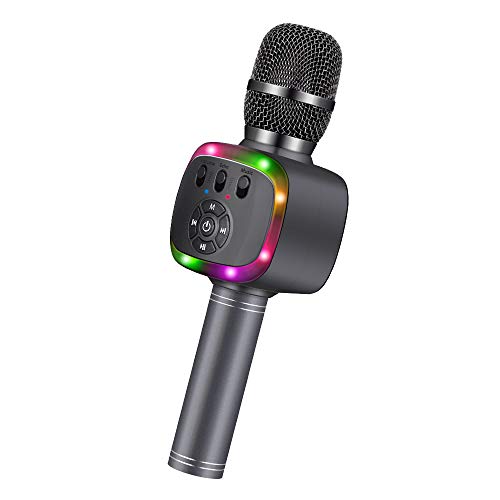 BONAOK Wireless Bluetooth Karaoke Microphone with Dual Sing, LED Lights, Portable Handheld Mic Speaker for Kids Birthday Home Party(Space Gray)