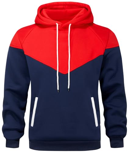 Wielsscca Mens Hoodies Patchwork Pullover Fleece Color Block Long Sleeve Sweatshirts Casual Tops with Pocket Red Navy XXL