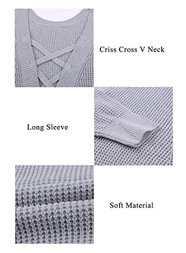 Asvivid Soft Criss Cross V Neck Knit Sweaters For Women Fall Trendy Open Back Women Sweater Solid Cozy Chunky Ovesized Pullover Tops M B Grey #TOP6