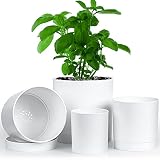 SMARTAKE 4 Pack Plastic Planters, 3.9/4.9/6/6.9 Inch Flower Plant Pots, Nursery Garden Pots with Drainage Holes and Tray, for Indoor, Outdoor, House, Office, Balcony, Succulents, Cactus, Herbs (White)