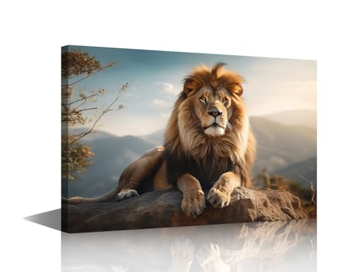 Toile lion marron 61x91 cm cadre en bois deco salon moderne