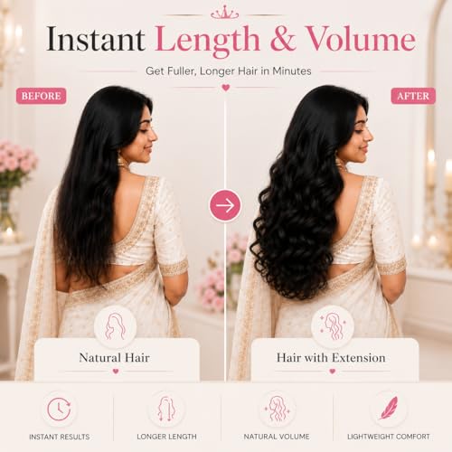 Image of TEMPERIA Hair Extensions for Women - 5 Clips Attached Curly /Wavy Artificial Hair Clip On Extension - False Fake Long Curl Hair Wig for Wedding - 1 Pc - Black Colour