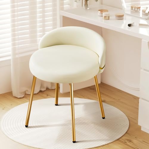 Hellove Lindo Taburete De Tocador con Patas De Metal Dorado, Taburete Moderno Redondo De Maquillaje, Stool De Maquillaje De Piel, Stool De Tocador con Respaldo Curvado para Comedor, Beige