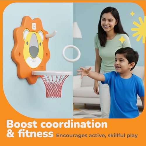 Image of Lifelong Cuppy Lion Kids Basketball Hoop & Ring Toss Game Set for 2-5 Years | Wall Mounted Foldable Lion Board with Ball, Pump & Rings| Indoor Outdoor Sports Toy for Boys & Girls (LLCBS01)