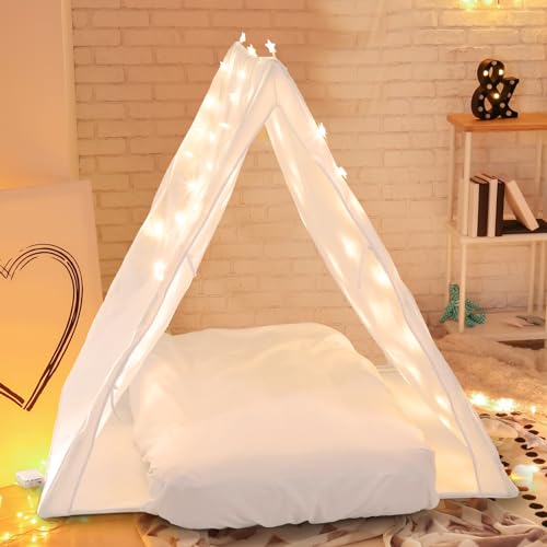 Halloscume 5 Pcs Sleepover Tent Set Includes Teepee Tent Inflatable Airbed (with Air Pump) 2 Fitted Sheets Star Decorative Lights, Travel Bed Inflatable Suitable Indoor Outdoor