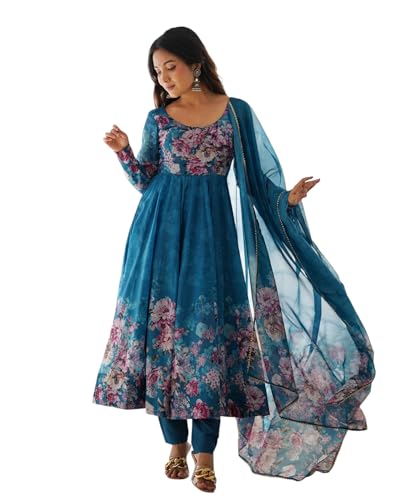 Image of KD Women's Floral Print Anarkali Kurta Set with Pant and Dupatta, Georgette, Full Sleeves, Asymmetric Hemline